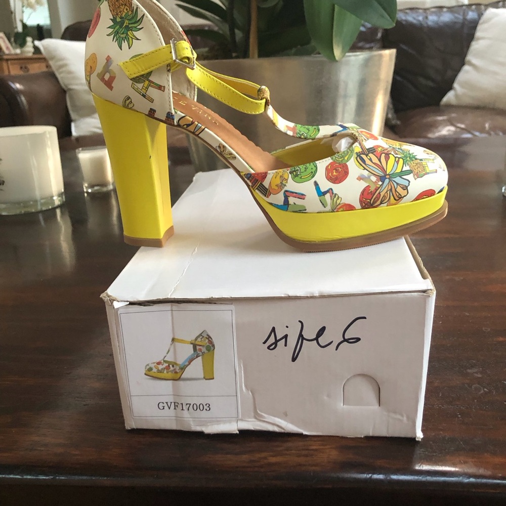 Yellow Floral Platform Mary Jane Heels - Women Grape Vine